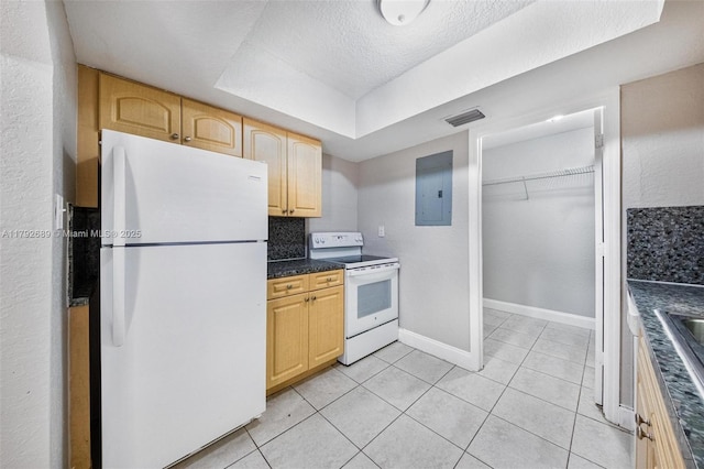 2821 N 74th Ave, Hollywood, FL 33024 - kitchen with white appliances, electric panel, light brown cabinets, light tile patterned floors, and dark countertops