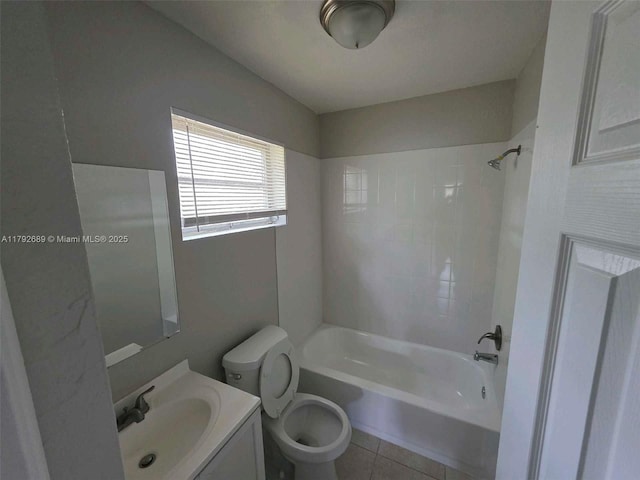 full bathroom with vanity, tile patterned floors, toilet, and bathing tub / shower combination