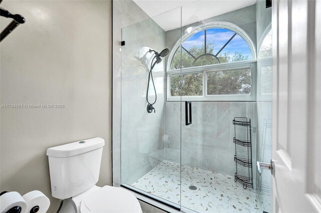 bathroom featuring a stall shower and toilet