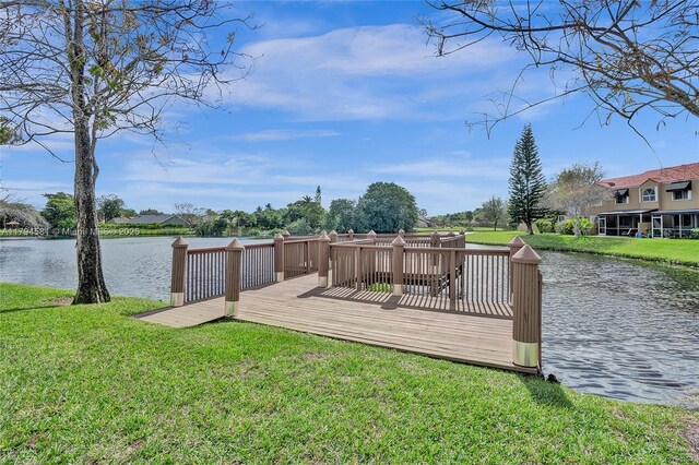 view of dock featuring a deck with water view and a yard