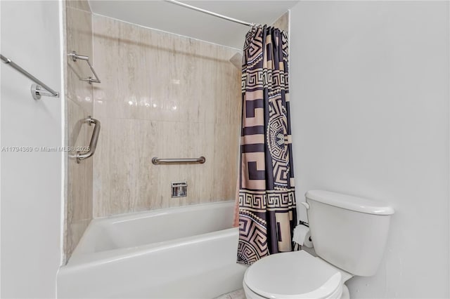 bathroom featuring shower / bathtub combination with curtain and toilet