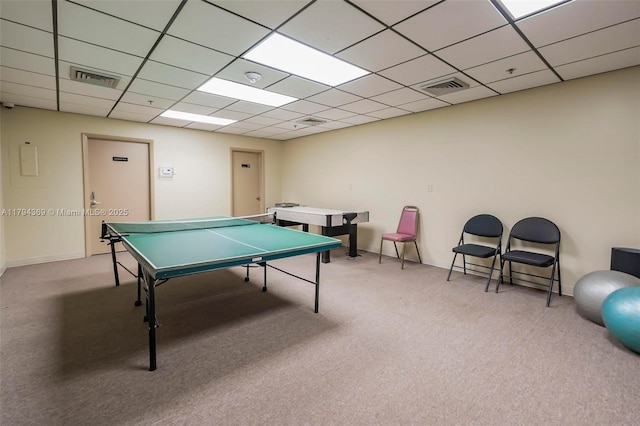 playroom with carpet floors, baseboards, visible vents, and a paneled ceiling