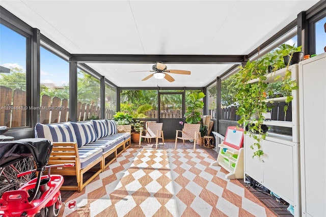450 SE 7th St Unit 234, Dania Beach, FL 33004 - sunroom featuring an outdoor living space and ceiling fan