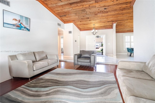 7354 NW 49th Ct, Lauderhill, FL 33319 - living room featuring crown molding, a notable chandelier, high vaulted ceiling, wooden ceiling, and visible vents