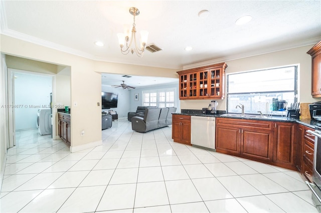 7354 NW 49th Ct, Lauderhill, FL 33319 - kitchen with stainless steel dishwasher, ornamental molding, visible vents, open floor plan, and washer / clothes dryer