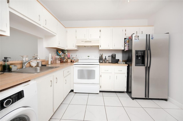kitchen featuring washer / clothes dryer, a sink, stainless steel fridge with ice dispenser, white electric range oven, and under cabinet range hood
