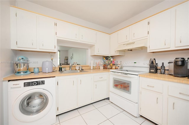 kitchen featuring electric range, washer / clothes dryer, light countertops, under cabinet range hood, and a sink
