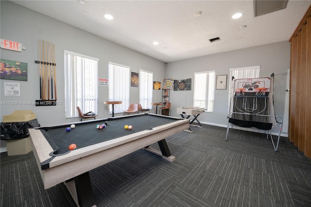 recreation room featuring recessed lighting, billiards, dark carpet, and visible vents