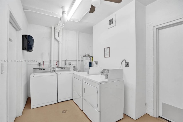 community laundry featuring washer and dryer, electric water heater, and ceiling fan
