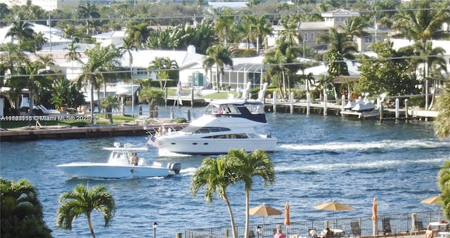 water view featuring a dock