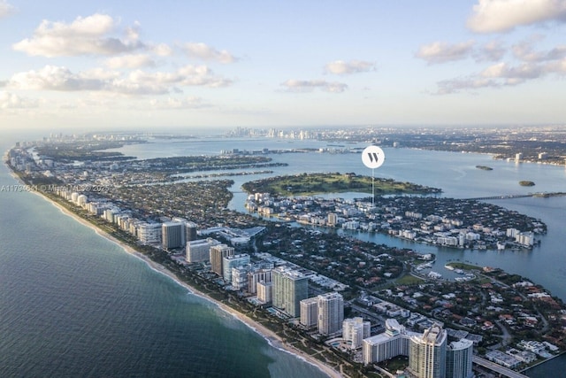 drone / aerial view featuring a view of city and a water view