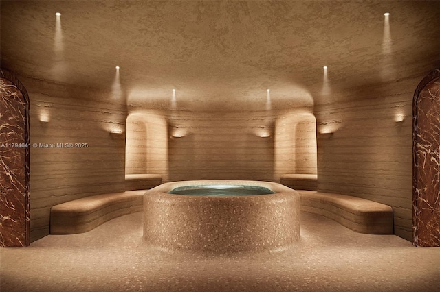 details featuring wood walls and a sauna