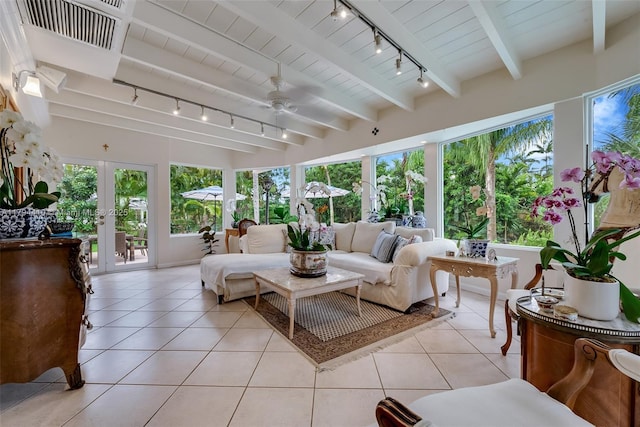 sunroom / solarium with beamed ceiling, french doors, track lighting, and visible vents