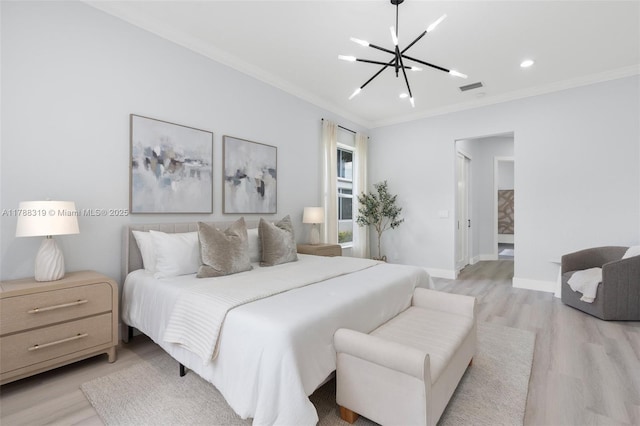 4629 Mariners Cove Dr, Wellington, FL 33449 - bedroom featuring a chandelier, ornamental molding, light wood-type flooring, and recessed lighting