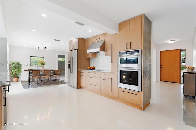kitchen featuring visible vents, light brown cabinetry, recessed lighting, under cabinet range hood, and stainless steel appliances