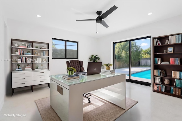 home office with recessed lighting and a ceiling fan
