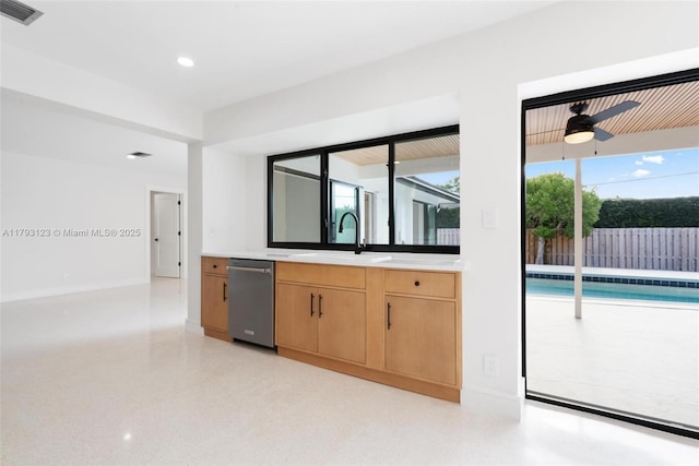 3420 NE 26th Ave, Lighthouse Point, FL 33064 - kitchen with dishwasher, light countertops, a ceiling fan, recessed lighting, and light brown cabinets