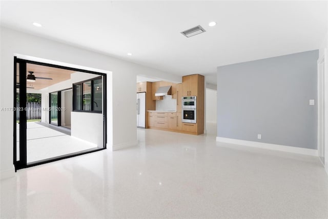 unfurnished living room with baseboards, ceiling fan, recessed lighting, and visible vents