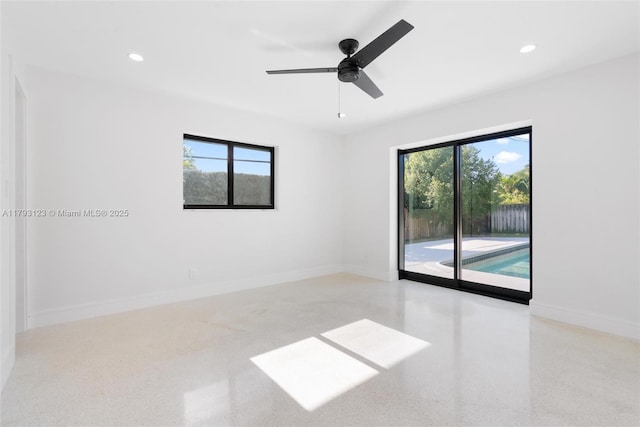 unfurnished room featuring recessed lighting, ceiling fan, and a healthy amount of sunlight