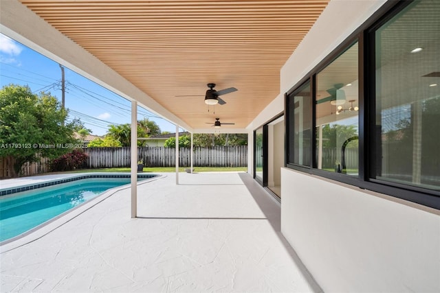 view of swimming pool with a patio, a fenced in pool, a ceiling fan, and a fenced backyard
