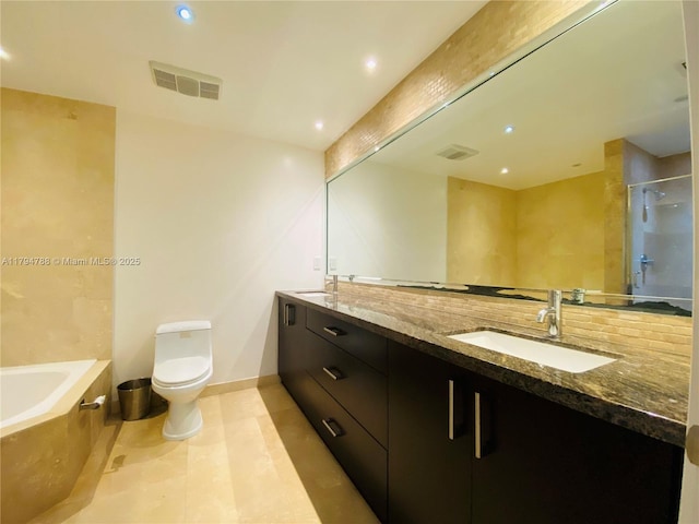 full bathroom with a sink, toilet, a shower, visible vents, and a bath