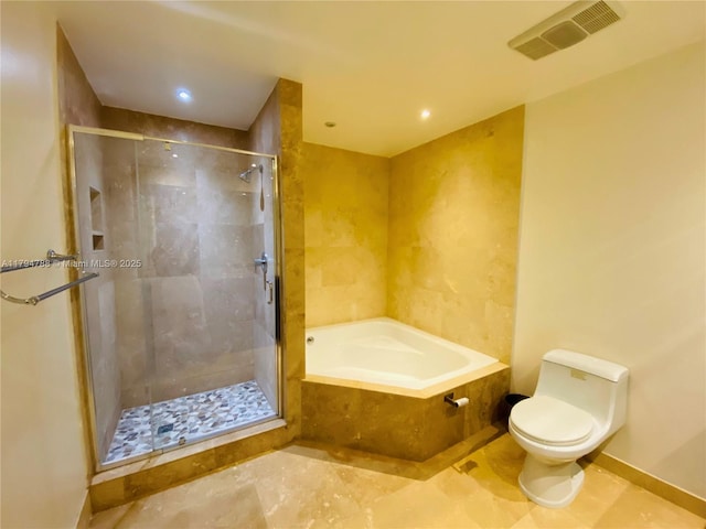 full bathroom with toilet, visible vents, a shower stall, and a bath