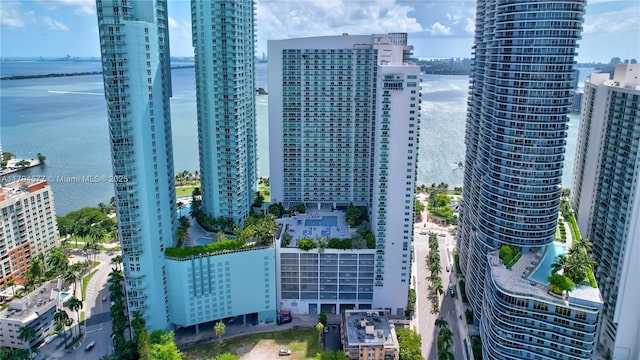 bird's eye view with a water view and a city view