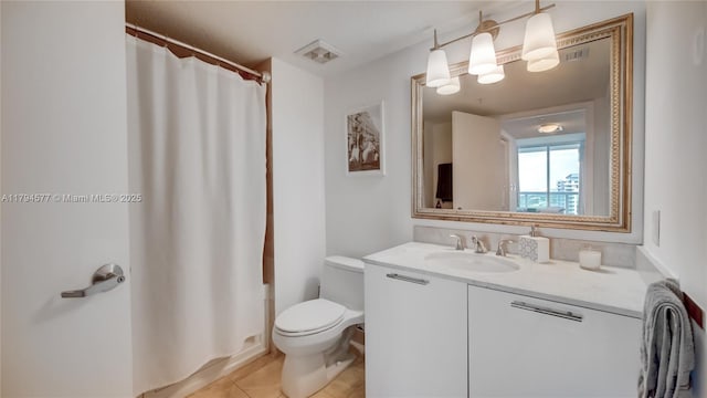 bathroom with vanity, toilet, tile patterned floors, a shower with shower curtain, and visible vents