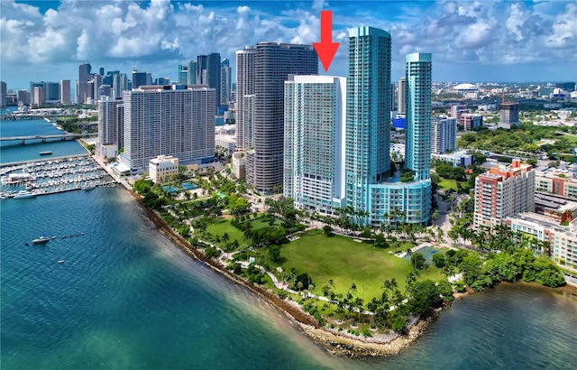 bird's eye view featuring a water view and a city view