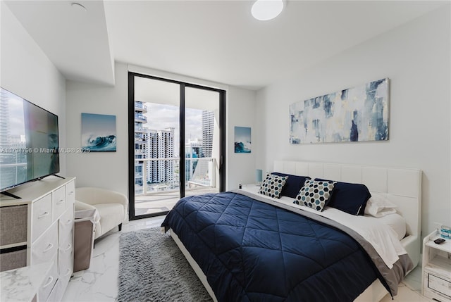 bedroom with access to outside, marble finish floor, and floor to ceiling windows
