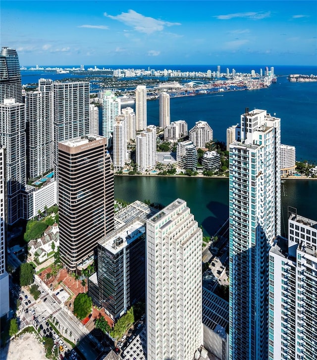 drone / aerial view featuring a view of city and a water view