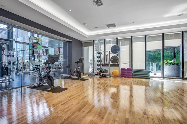 workout area with wood finished floors and visible vents