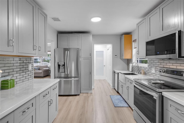 kitchen with appliances with stainless steel finishes, a sink, light countertops, light wood-type flooring, and backsplash