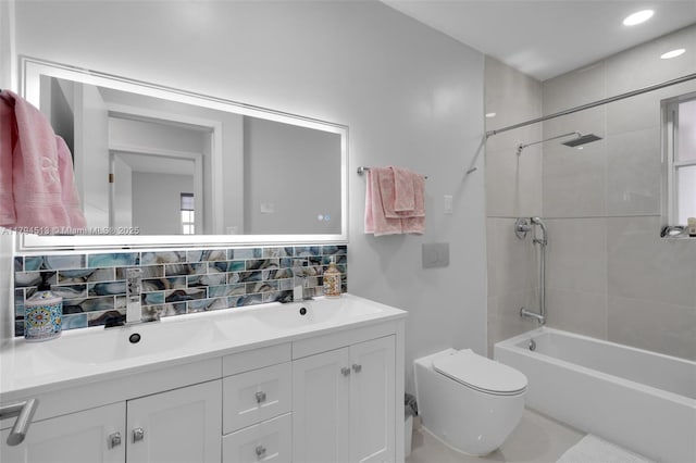 full bathroom featuring double vanity, toilet, shower / bathtub combination, recessed lighting, and decorative backsplash