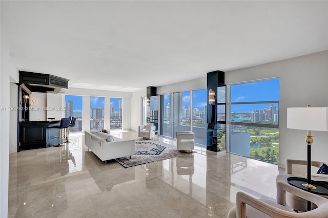 living area featuring a view of city