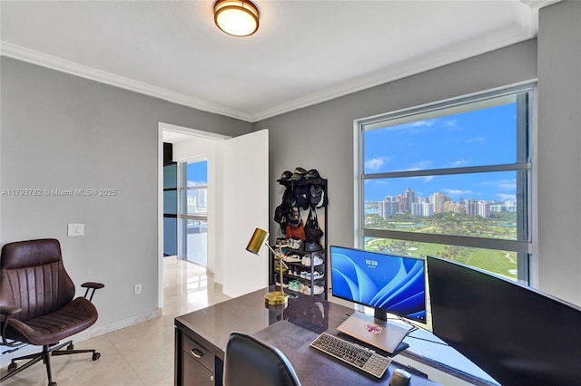 home office featuring light tile patterned floors, baseboards, and ornamental molding