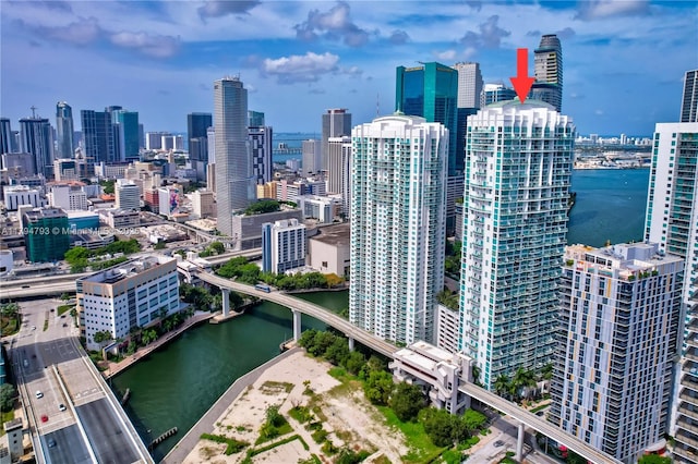 bird's eye view featuring a city view and a water view