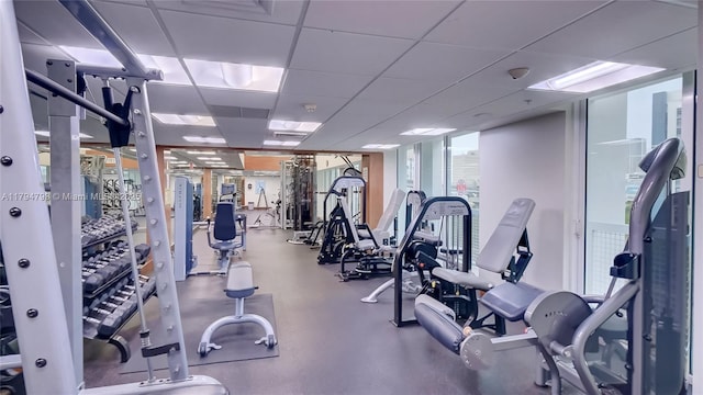 workout area with a paneled ceiling