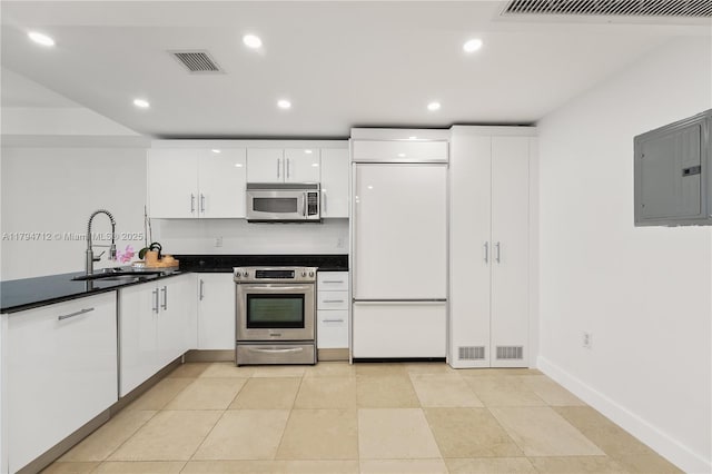 kitchen featuring appliances with stainless steel finishes, a sink, white cabinetry, visible vents, and electric panel