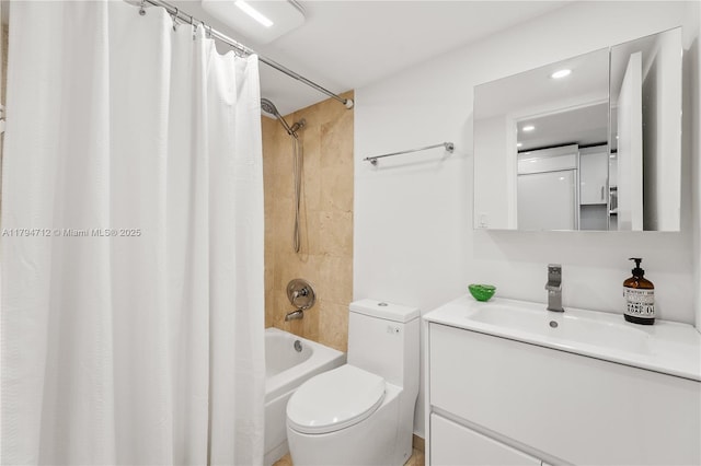 full bathroom with vanity, shower / bathtub combination with curtain, and toilet