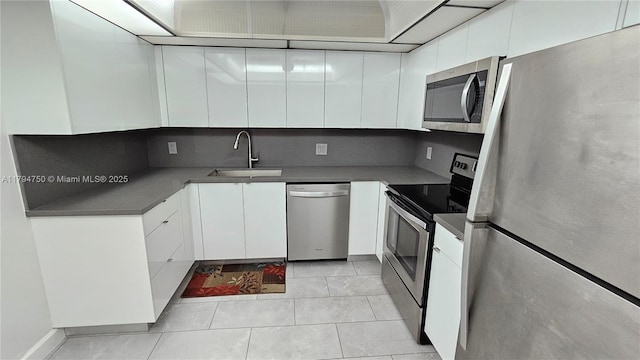 kitchen featuring white cabinets, dark countertops, appliances with stainless steel finishes, and a sink