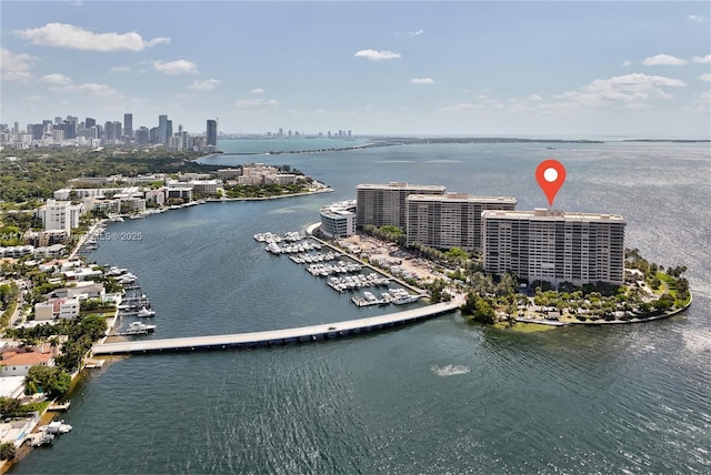 birds eye view of property featuring a view of city and a water view