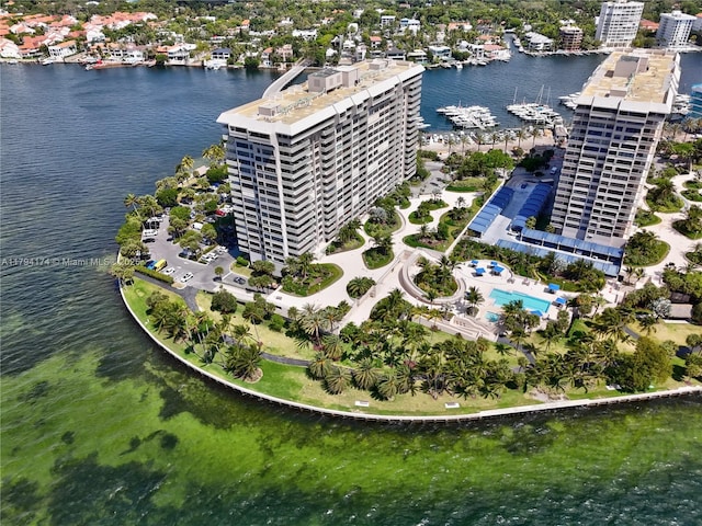 aerial view featuring a water view