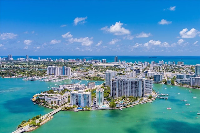 drone / aerial view with a city view and a water view