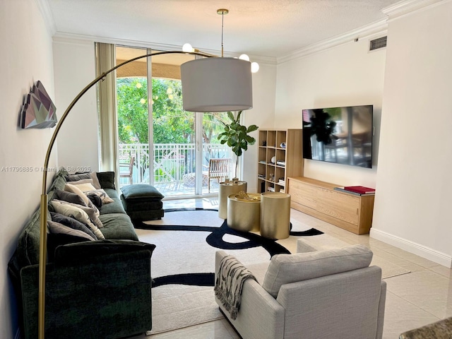 3001 NE 185th St Unit 225, Aventura, FL 33180 - tiled living room featuring baseboards, visible vents, and ornamental molding