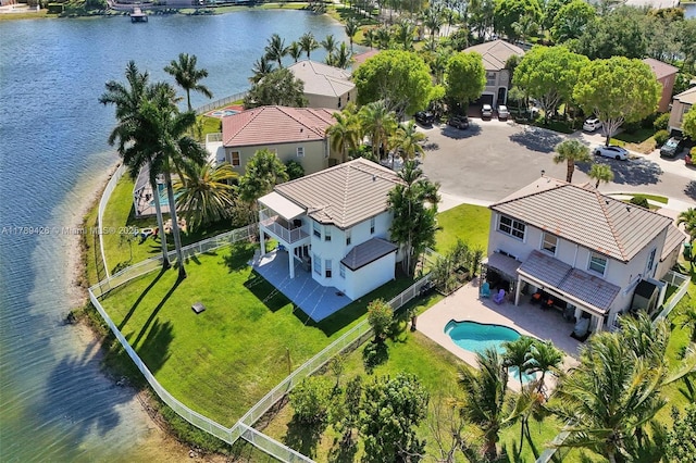 drone / aerial view featuring a water view