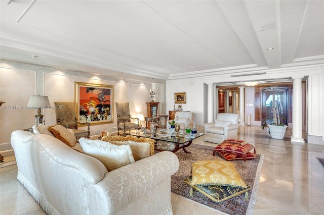 445 Grand Bay Dr Unit 1001, Key Biscayne, FL 33149 - living area featuring ornate columns and a tray ceiling