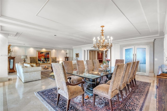 445 Grand Bay Dr Unit 1001, Key Biscayne, FL 33149 - dining area featuring french doors, ornamental molding, and a chandelier