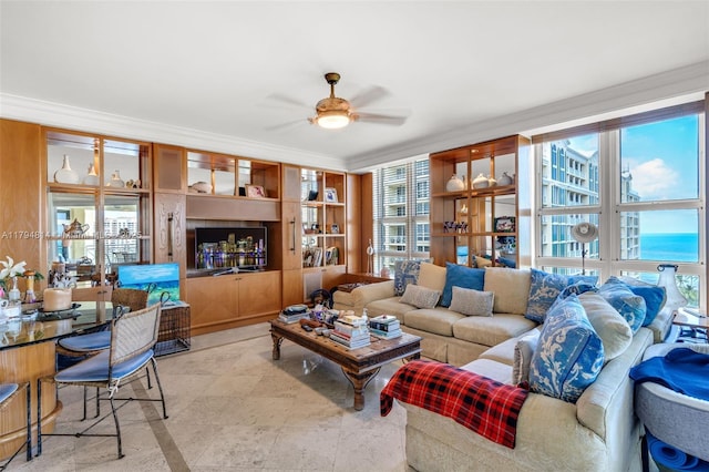 445 Grand Bay Dr Unit 1001, Key Biscayne, FL 33149 - living area featuring ceiling fan, plenty of natural light, and ornamental molding