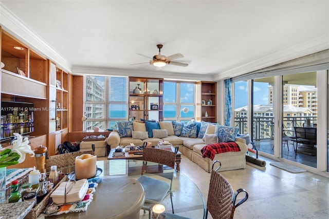 445 Grand Bay Dr Unit 1001, Key Biscayne, FL 33149 - living room featuring ornamental molding and a ceiling fan
